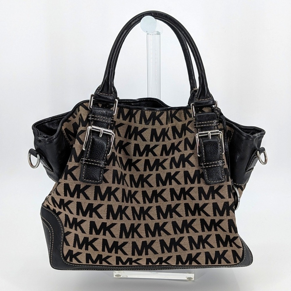 Michael Kors Bedford Signature MK Jacquard Satchel Bag Black Beige w/ Strap MK - Picture 3 of 11